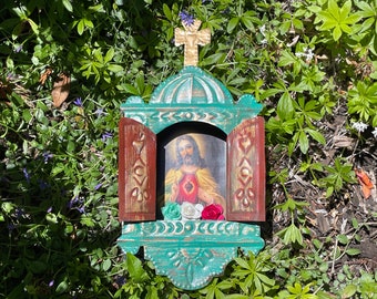 Antiqued Turquoise Nicho, JESUS with SACRED HEART Image, Mexican Nicho, Mexico Religious Art