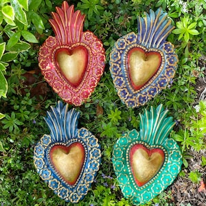 Tin HEART Ornament(s) in Metallic Gold Tones, LARGE, Punched Tin Heart, Mexican Tin Heart, Mexican Heart Decor