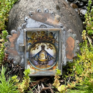 Antiqued Miniature Nicho with Virgin of Health, Mexican Nicho, Mexico Religious Art, Rustic Nicho with Virgin of Health