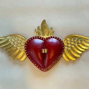 Sacred Heart Nicho with Mirror, Gold Leaf Red Accents, Mexican Tin Art, Sacred Heart Mexico, Flaming Heart, Heart Ornament Mexico