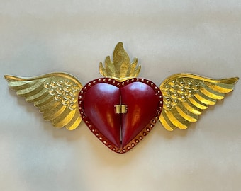 Sacred Heart Nicho with Mirror, Gold Leaf Red Accents, Mexican Tin Art, Sacred Heart Mexico, Flaming Heart, Heart Ornament Mexico