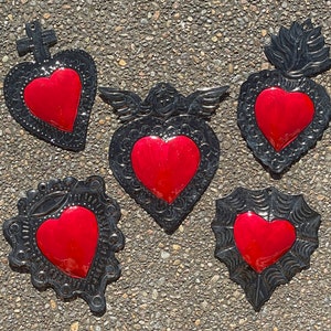 SET of FIVE Tin SACRED Heart Ornaments, Traditional Colors, Sacred Heart Milagros, Mexican Tin Ex Voto Ornaments