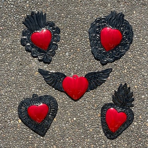 SET of FIVE Tin Sacred HEART Ornaments, Traditional Colors, Sacred Heart Milagros, Mexican Tin Ornaments