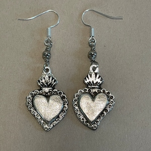Milagro Earrings (Medium Charm), Sacred Hearts Earrings, Mexican Ex Voto Earrings, Mexico Jewelry