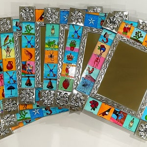 LARGE Tin Mirror with Assorted Loteria Tiles, Mexican Tin Art, Mexican Religious Art, Loteria Tiles, Tin Mirror Mexico