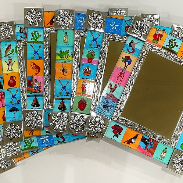 LARGE Tin Mirror with Assorted Loteria Tiles, Mexican Tin Art, Mexican Religious Art, Loteria Tiles, Tin Mirror Mexico