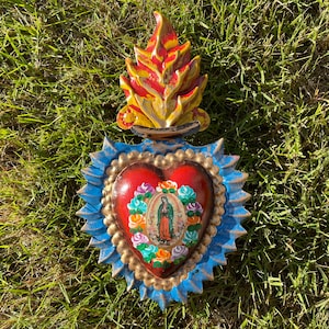 Sagrado Coração de Guadalupe com Chamas, Decoração de Parede de Guadalupe, Arte em Lata de Guadalupe, Coração de Guadalupe do México, Enfeite de Guadalupe
