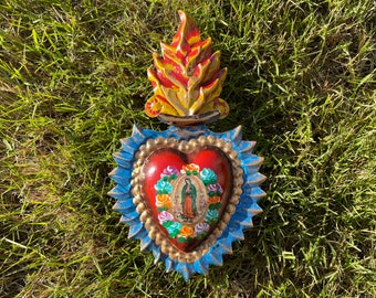 Guadalupe Sacred Heart with Flames, Guadalupe Wall Decor, Tin Art Guadalupe, Mexico Guadalupe Heart, Guadalupe Ornament