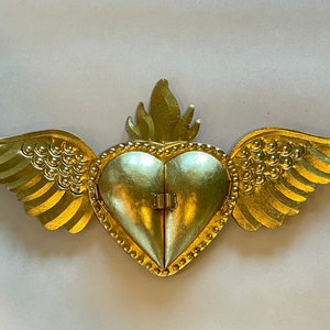 Sacred Heart Nicho with Mirror, Gold Leaf, Mexican Tin Art, Sacred Heart Mexico, Flaming Heart, Heart Ornament Mexico