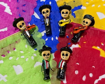 Miniatura Dia dos Mortos, Conjunto de 6, Conjunto de Mariachi Mexicano, Mini Muertos, Mini Enfeites Calavera