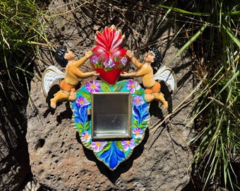 Heart Shaped Nicho with Cherubs, Mexican Nicho, Mexico Tin Art, Nicho Amor