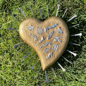 Wood Heart with Nails, Gold, Sacred Heart of Jesus, Mexico Heart, Milagros Sacred Heart, Mexico Sacred Heart