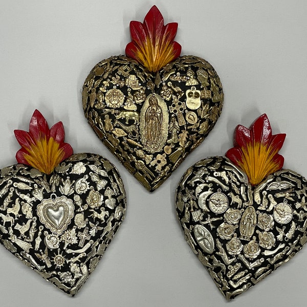 X-Large Flaming SACRED HEART with MILAGROS, Black Background, Mexican Sacred Heart, Milagro Heart, Mexican Heart, Milagros