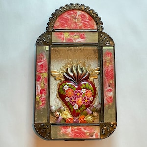 GROSSER antiker NICHO mit SACRED Heart, Sacred Heart Retablo, mexikanische Zinn Nicho, Zinn Retablo, Sagrado Corazon