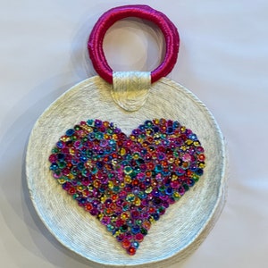 Bolso tejido colorido con corazón, bolso mexicano, cartera mexicana, accesorios con corazón