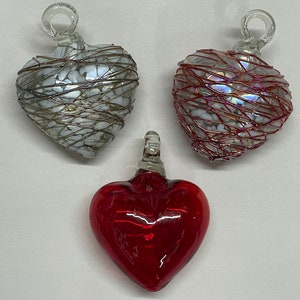 Blown GLASS HEARTS, Webbed Red or Chocolate, Red,  Blown Glass Heart Ornament, Red Glass Heart Ornament, Mexican Ornament, Corazon de Vidrio