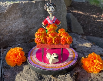 CATRINA Ringelblumen verkaufen, Tag der Toten Ringelblumen, Dia de los Muertos Dekor, Mexiko Zuckerschädel