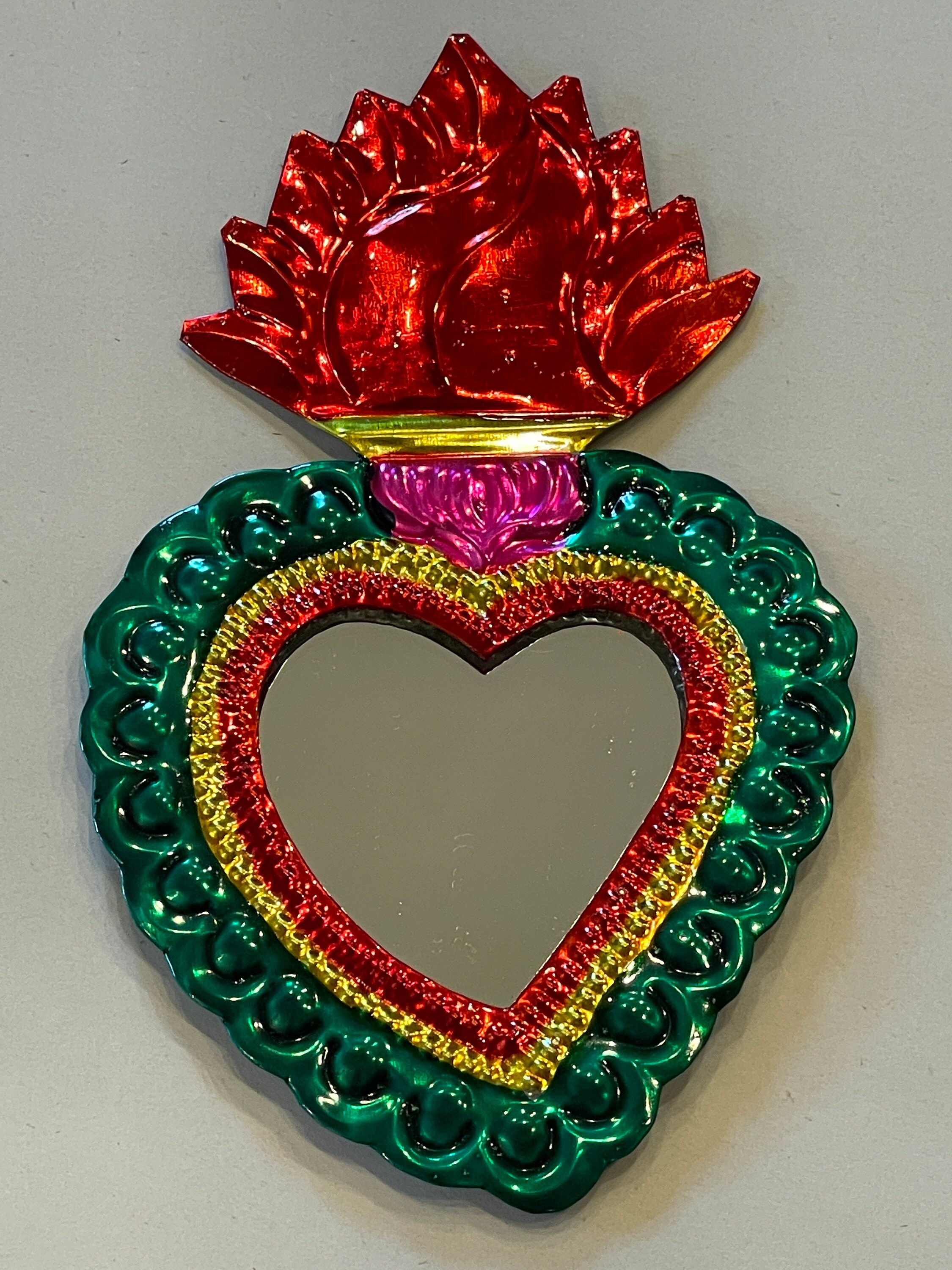 SET of FIVE Tin Sacred HEART Ornaments, Bright Colors, Mirrored