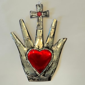 LARGE Tin HEALING HAND with Sacred Heart, Hamsa Hand, Fatima Hand, Mexico Tin Art, Milagro Mexico