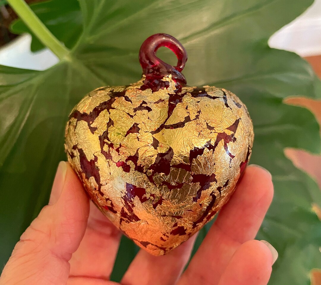 RED Blown GLASS HEART With Gold Leaf Applique, Small, Red Blown Glass
