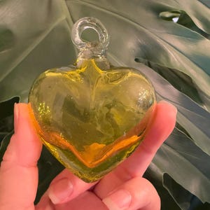 YELLOW Blown GLASS HEART, Small, Clear Blown Glass Heart Ornament, Clear Glass Heart Ornament, Mexican Ornament
