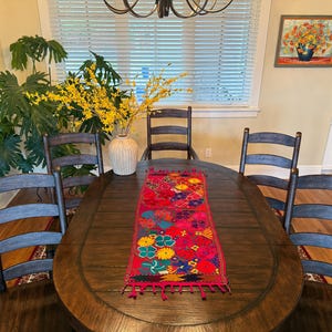 Mexican Table Runner, 4 1/2&#39; Long, Floral Design on Fuchsia, Chiapas Table Runner, Embroidered Mexico Runner, Woven Bed Runner