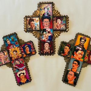 FRIDA TIN CROSS with Tiles, Small, Tin Frida Cross, Mexican Frida Cross