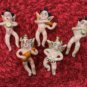 CHERUB ANGEL ORNAMENTS, Set of Five, Mexican Angels, Mexican Cherub, Clay Angel Ornaments, Christmas in Mexico, Musical Angel