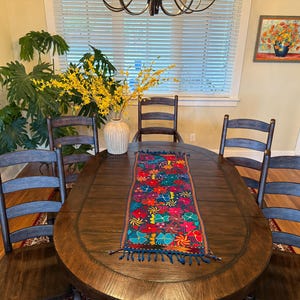 Mexican Table Runner, 4 1/2&#39; Long, Floral Design on Navy Blue, Chiapas Table Runner, Embroidered Mexico Runner, Woven Bed Runner