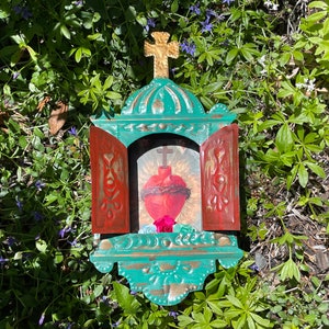 Antiker Türkis Nicho, SACRED HEART IMAGE, mexikanischer Nicho, Mexiko religiöse Kunst