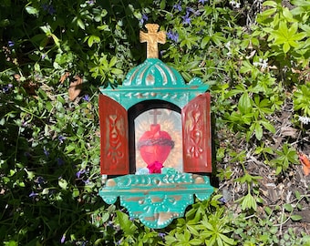 Antiqued Turquoise Nicho, SACRED HEART IMAGE, Mexican Nicho, Mexico Religious Art