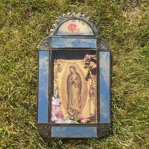 Large Antiqued VIRGIN of GUADALUPE NICHO, Guadalupe Retablo, Tin Nicho, Mexican Tin Art,