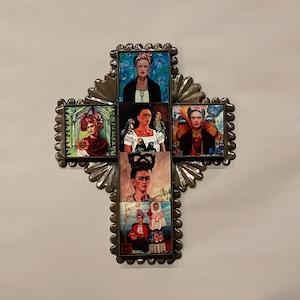 TIN CROSS with Assorted FRIDA Tiles, Small, Tin Frida Cross, Mexican Frida Cross