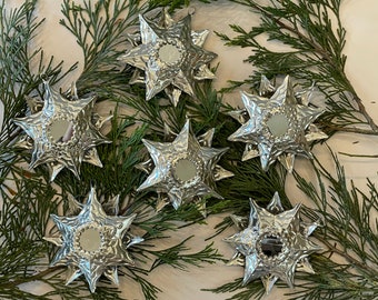 SET of SIX Tin STARS with Mirror, Silver (Natural) Finish, Estrellas, Mexican Punched Tin, Tin Star Ornament
