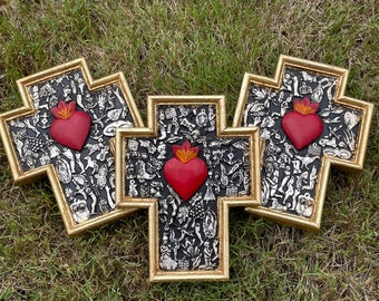 Antiqued Wooden Cross with Milagros, Gilded Frame, Mexican Milagro Cross, Cross with Ex-Votos, Cross with Sacred Heart
