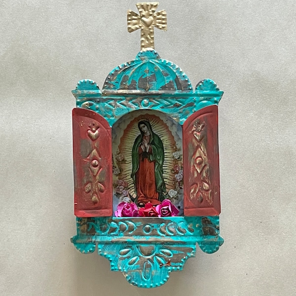 Antiqued Turquoise Nicho, VIRGIN of GUADALUPE Image, Mexican Nicho, Mexico Religious Art