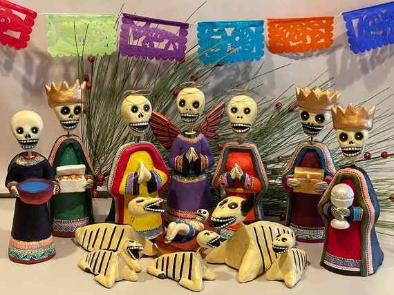 13 pieces Day of the Dead Decor DAY of the DEAD NATIVITY Set Mexican Creche Dia de los Muertos Decor Mexican Nativity
