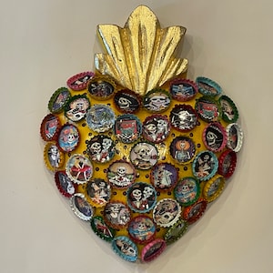 DAY of the DEAD SACRED Heart, Images in Bottle Caps, Yellow Background, Dia de Muertos, Calavera Sacred Heart, Mexico Dia de los Muertos