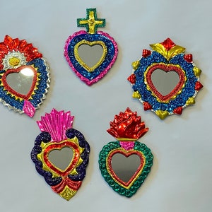 SET of FIVE Tin Sacred HEART Ornaments, Bright Colors, Mirrored, Sacred Heart Ornament, Mexico Tin Flaming Hearts, Mexico Heart Milagros