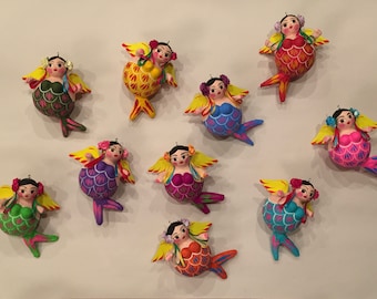 Colorful MERMAID ORNAMENTS, Paper Mache, Mexican Christmas Ornament, Mexican Mermaid