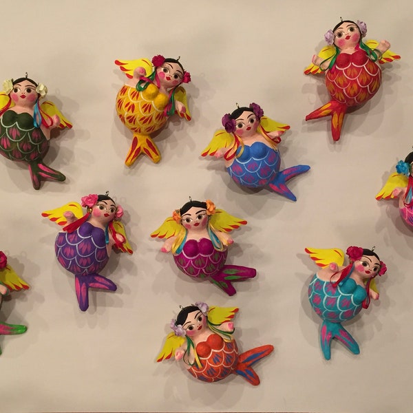 Colorful MERMAID ORNAMENTS, Paper Mache, Mexican Christmas Ornament, Mexican Mermaid