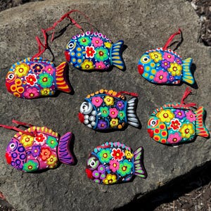 Mexican Clay Fish Ornament: Hand-Painted Floral Design
