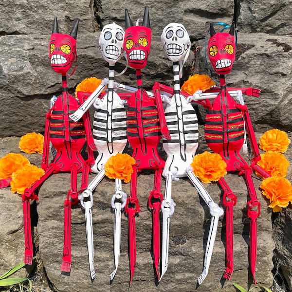 DANGLY Paper Mache DEVIL, Day of the Dead Devil, Dia de los Muertos, Mexican Sugar Skull, Devil Ornament