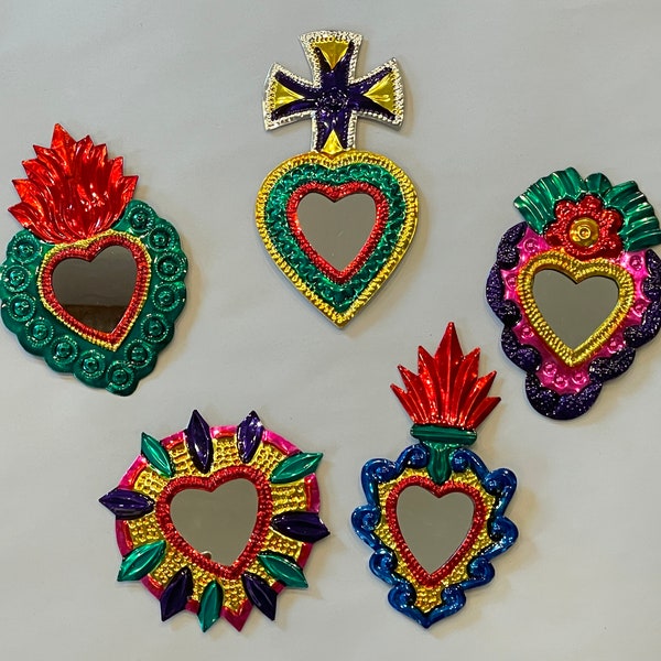 SET of FIVE Tin SACRED Heart Ornaments, Bright Colors, Mirrored, Tin Mexican Ornament, Ex Voto Ornament