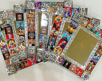 LARGE Tin Mirror with Assorted Day of the Dead Tiles, Mexican Tin Art, Mexican Religious Art, Dia de los Muertos Tiles, Tin Mirror Mexico