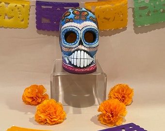 Hefty Dia de los Muertos Calavera with Butterfly Decor, Blue, Day of the Dead Skull, Mexican Clay Skeleton, Mexico Day of the Dead Pottery