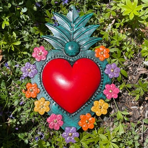 RED Tin HEART with Flowers, Punched Tin Heart, Mexican Tin Heart, Mexican Heart Decor, Sacred Heart