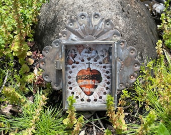 Antiqued Miniature Nicho with Sacred Heart, Mexican Nicho, Mexico Religious Art