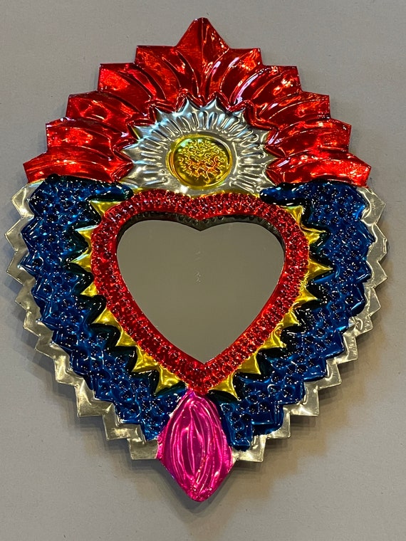SET of FIVE Tin Sacred HEART Ornaments, Bright Colors, Mirrored