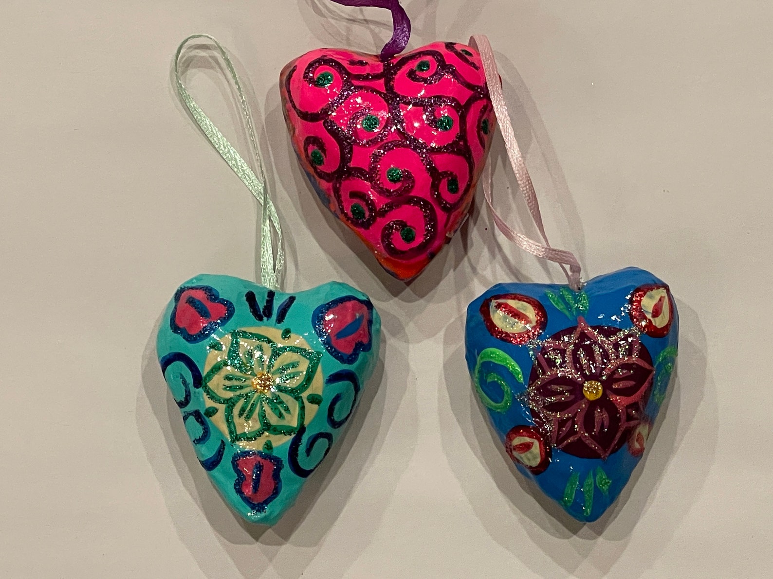 Set of 3 SMALL HEART ORNAMENTS Paper Mache Valentine Heart Etsy